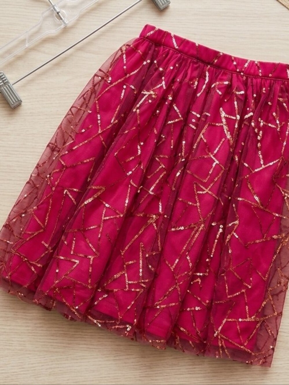 Unique Vintage 3XL Red Sequin Geometric Tulle Swing Skirt 1950s Pinup Holiday